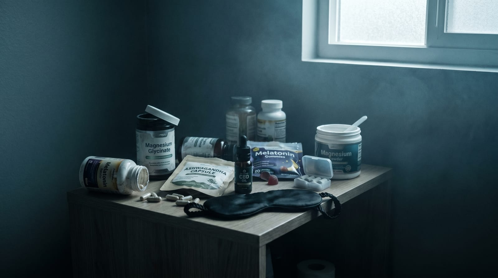 A cluttered shelf of sleep aids in dim light: bottles of magnesium glycinate, melatonin, CBD oil, melatonin gummies and magnesium powder, loose capsules, a pill case and a black sleep mask.