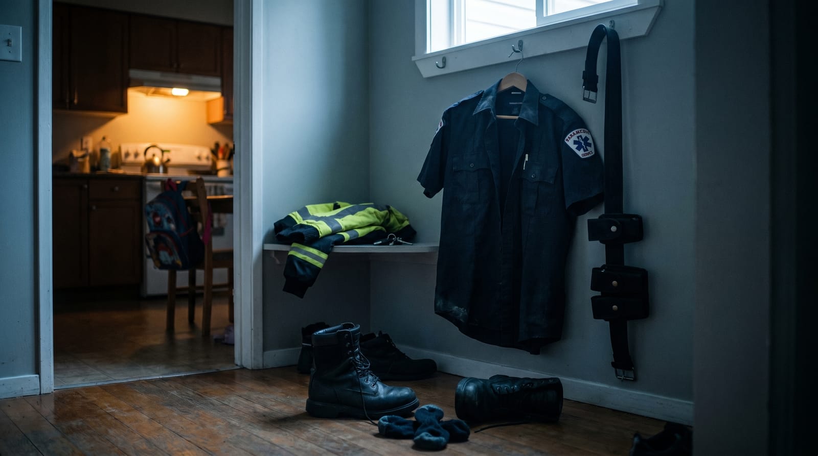 A paramedic's uniform shirt with an EMS patch hanging by a doorway, a duty belt beside it, work boots and slippers on the floor, a hi-vis jacket and keys on a bench, a child's backpack on a chair, and a lit kitchen through the door.