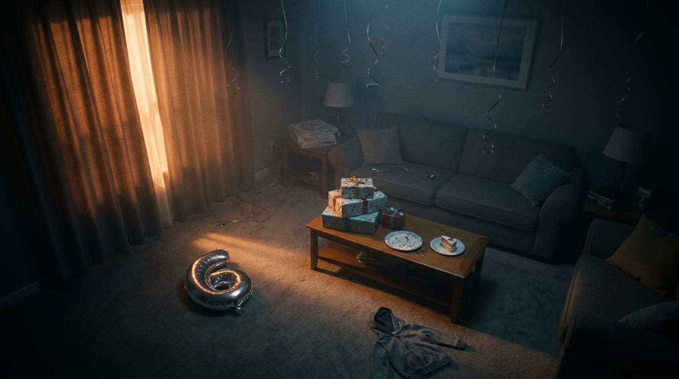 A dim living room after a child's sixth birthday party. A deflated silver number six balloon on the carpet, wrapped presents and a slice of cake on the coffee table, streamers hanging, and no one in the room.